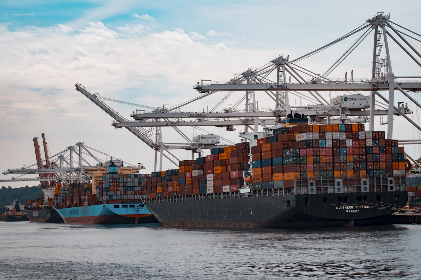 Container ships loading at a port terminal under gantry cranes